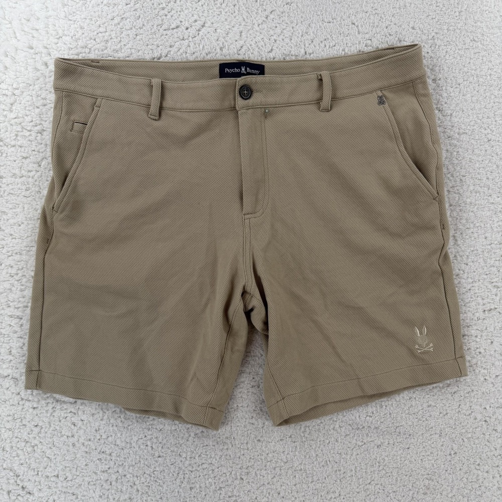 Psycho Bunny Shorts Mens 36 Beige Knit Chino Stretch Flat Front 8 Inseam Casual